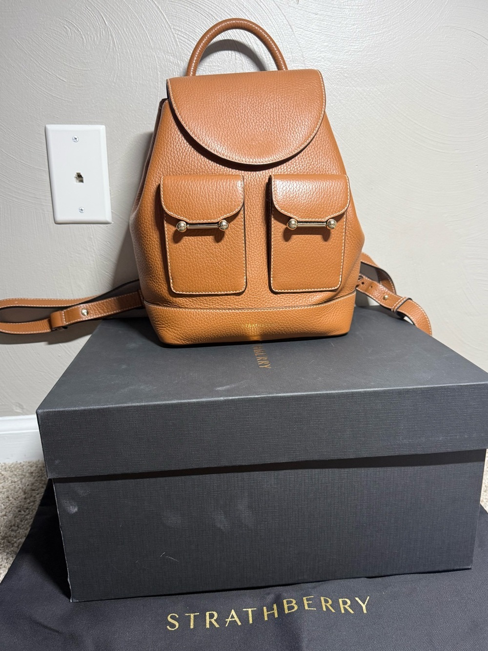 Strathberry Osette Flap Backpack in Tan Grained Leather